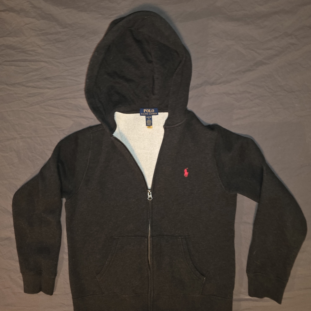 Polo by Ralph Lauren Dark Grey Kids Hooded Zip Sweatshirt with Red Pony